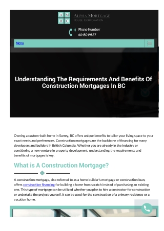 Understanding the Requirements and Benefits of Construction Mortgages in BC