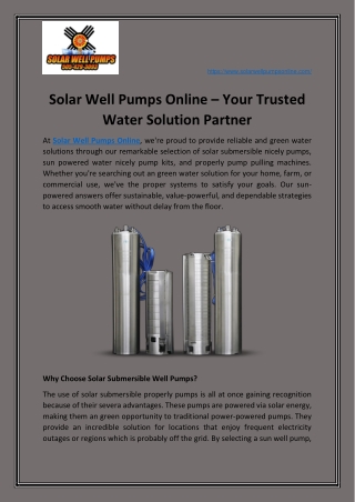 Solar Well Pumps Online – Your Trusted Water Solution Partner