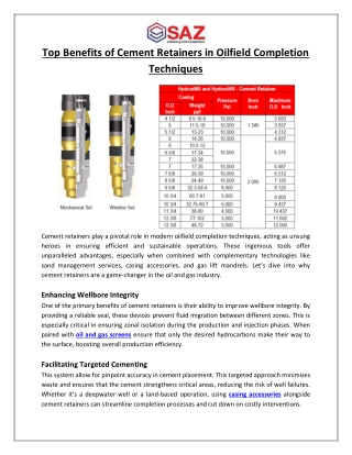 Cement Retainers in Oilfield Completion Techniques