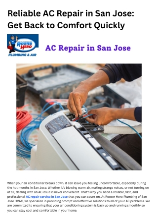 Reliable AC Repair in San Jose : Get Back to Comfort Quickly