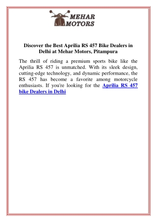 Discover the Best Aprilia RS 457 Bike Dealers in Delhi at Mehar Motors, Pitampura