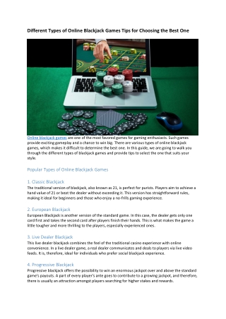 Different Types of Online Blackjack Games Tips for Choosing the Best One