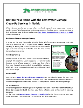 Restore Your Home with the Best Water Damage Clean-Up Services in Natick