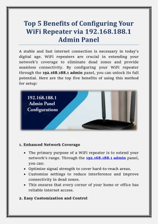 Top 5 Benefits of Configuring Your WiFi Repeater via 192.168.188.1 Admin Panel