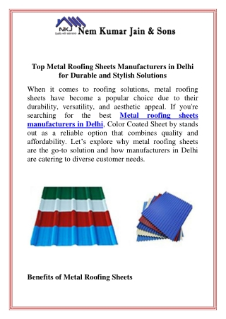 Top Metal Roofing Sheets Manufacturers in Delhi for Durable and Stylish Solutions