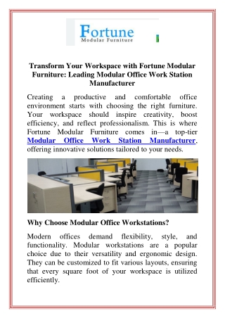 Transform Your Workspace with Fortune Modular Furniture Leading Modular Office Work Station Manufacturer