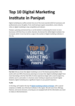 Top 10 Digital Marketing Institute in Panipat