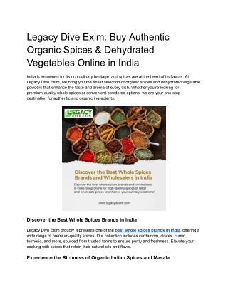 Legacy Dive Exim_ Buy Authentic Organic Spices & Dehydrated Vegetables Online in India