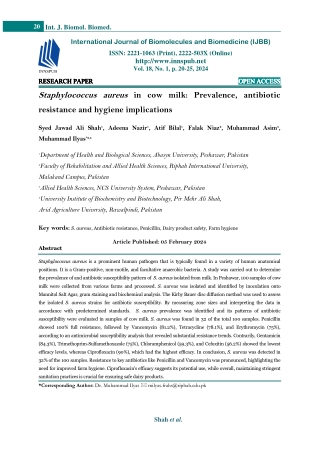 Staphylococcus aureus in cow milk: Prevalence, antibiotic resistance and hygiene