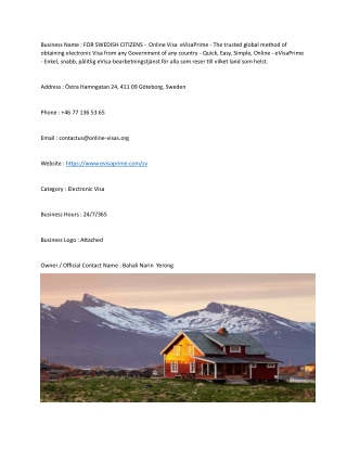 FOR SWEDISH CITIZENS -  Online Visa  eVisaPrime - The trusted global method of o