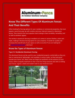 Know The Different Types Of Aluminum Fences And Their Benefits