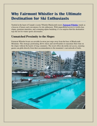 Why Fairmont Whistler is the Ultimate Destination for Ski Enthusiasts