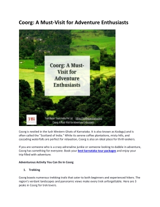 Coorg A Must-Visit for Adventure Enthusiasts