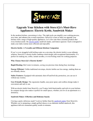 Upgrade Your Kitchen with StoreA2z s Must Have Appliances Electric Kettle, Sandwich Maker, and Lemo