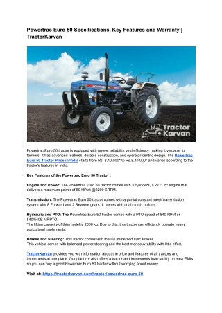 Powertrac Euro 50 Specifications, Key Features and Warranty _ TractorKarvan