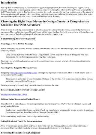 Choosing the Right Local Movers in Orange County: A Comprehensive Guide for Your