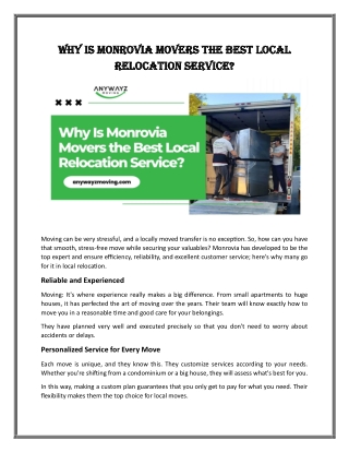 Why Is Monrovia Movers the Best Local Relocation Service?