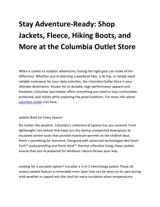 Stay Adventure-Ready Shop Jackets, Fleece, Hiking Boots, and More at the Columbia Outlet Store