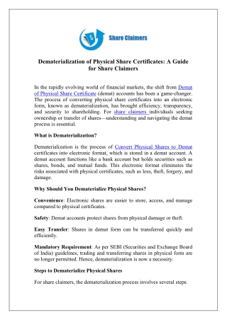 Share Claimers: Simple Demat of Physical Share Certificates for Easy Management