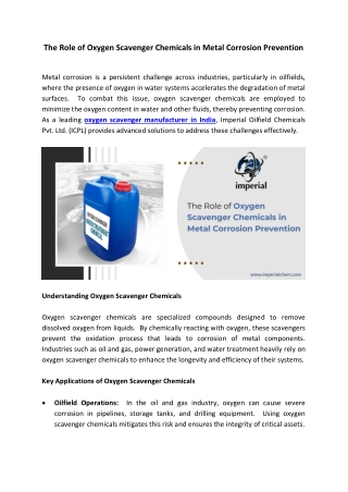 The Role of Oxygen Scavenger Chemicals in Metal Corrosion Prevention