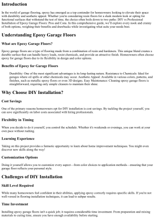 DIY vs Professional Installation of Epoxy Garage Floors: Pros and Cons