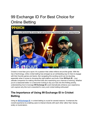 99 Exchange ID For Best Choice for Online Betting