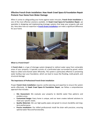 Effective French Drain Installation How Hawk Crawl Space & Foundation Repair Protects Your Home from Water Damage.