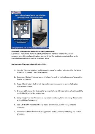 Dynemech Anti-Vibration Tables - Surface Roughness Tester