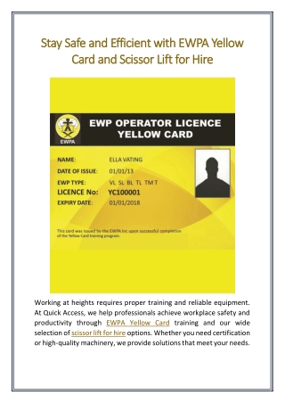 Stay Safe and Efficient with EWPA Yellow Card and Scissor Lift for Hire