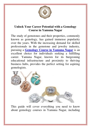 Unlock Your Career Potential with a Gemology Course in Yamuna Nagar