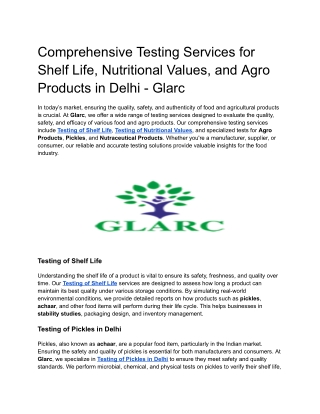 Comprehensive Testing Services for Shelf Life, Nutritional Values, and Agro Products in Delhi - Glarc