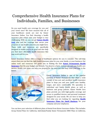 Comprehensive Health Insurance Plans for Individuals, Families, and Businesses