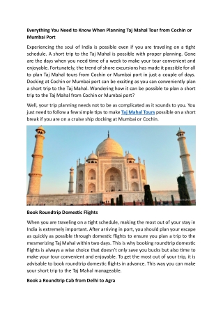 Everything You Need to Know When Planning Taj Mahal Tour from Cochin or Mumbai Port