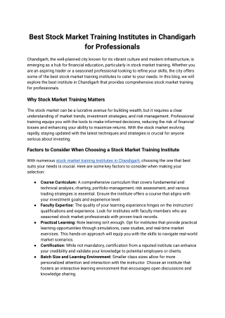 Best Stock Market Training Institutes in Chandigarh for Professionals
