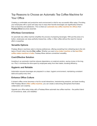 Top Reasons to Choose an Automatic Tea Coffee Machine for Your Office