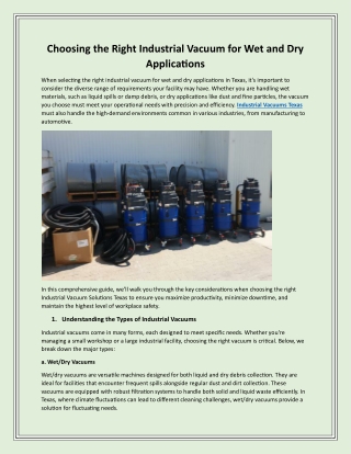 Choosing the Right Industrial Vacuum for Wet and Dry Applications