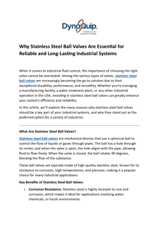Why Stainless Steel Ball Valves Are Essential for Reliable and Long-Lasting Industrial Systems