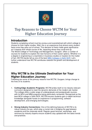 Top Reasons to Choose WCTM for Your Higher Education Journey