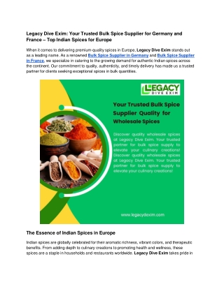 Legacy Dive Exim_ Your Trusted Bulk Spice Supplier for Germany and France – Top Indian Spices for Europe