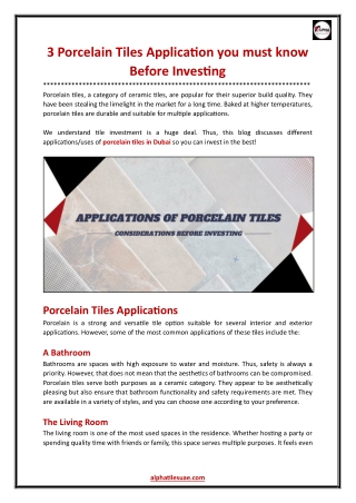 3 Porcelain Tiles Application you must know Before Investing