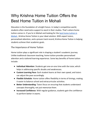 Why Krishna Home Tuition Offers the Best Home Tuition in Mohali