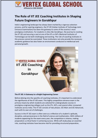 The Role of IIT JEE Coaching Institutes in Shaping Future Engineers in Gorakhpur