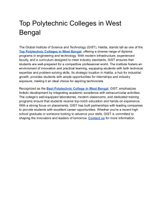 Top Polytechnic Colleges in West Bengal