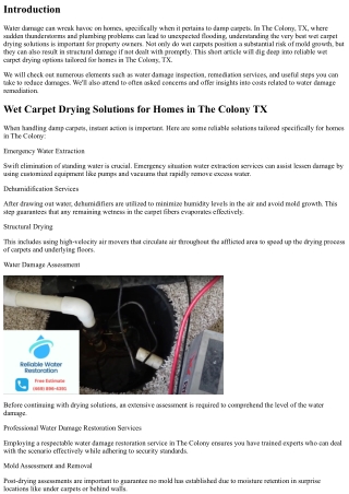 Wet Carpet Drying Solutions for Residences in The Colony TX
