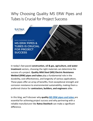 Why Choosing Quality MS ERW Pipes and Tubes Is Crucial for Project Success