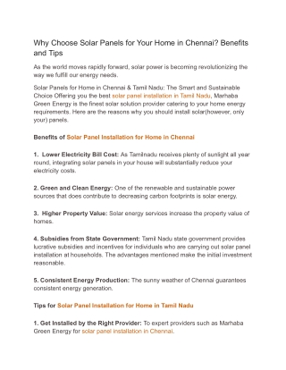 Why Choose Solar Panels for Your Home in Chennai