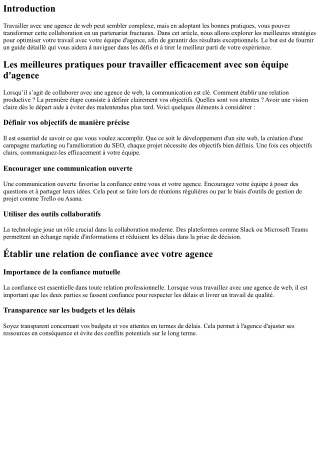 Les meilleures pratiques pour travailler efficacement avec son équipe d'agence