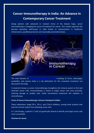 Cancer Immunotherapy in India An Advance in Contemporary Cancer Treatment