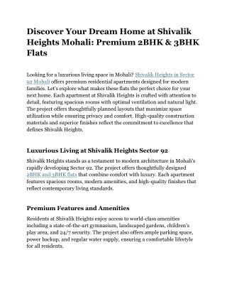 Discover Your Dream Home at Shivalik Heights Mohali: Premium 2BHK & 3BHK Flats