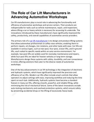 The Role of Car Lift Manufacturers in Advancing Automotive Workshops